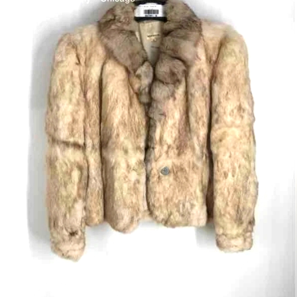 Made In Hong Kong Tan Brown Button Front Animal Rabbit Fur Coat Jacket Medium